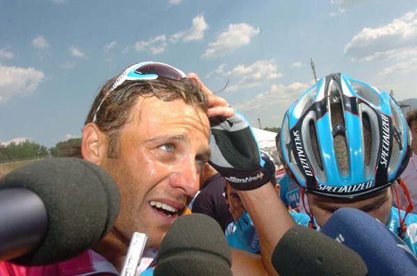 Alessandro Petacchi (Milram) is interviewed at the finish.