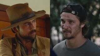 From left to right: Brandon Sklenar in a wide-brimmed hat in 1923. Luke Grimes as Kayce wearing a backward cap in Yellowstone.