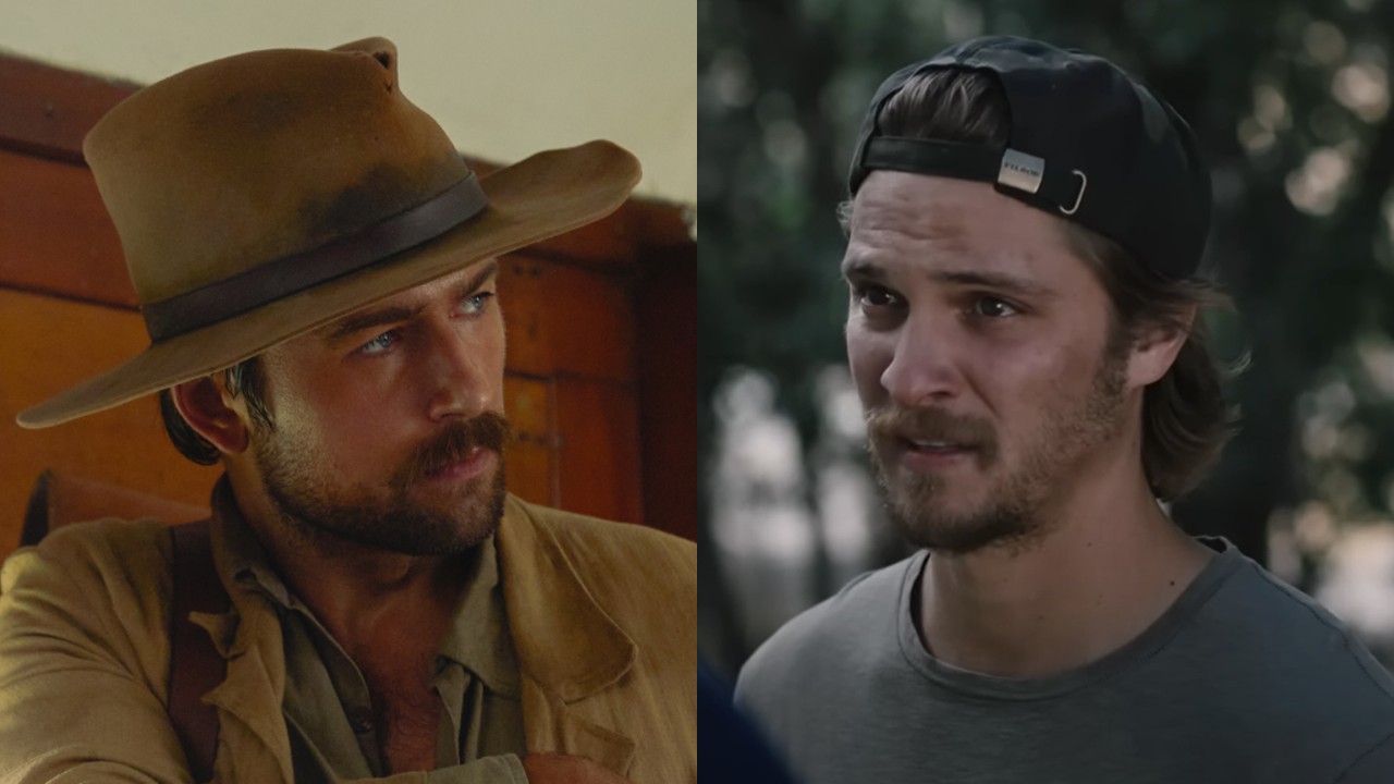 De izquierda a derecha: Brandon Sklenar con un sombrero de ala ancha en 1923. Luke Grimes como Kayce con una gorra al revés en Yellowstone.