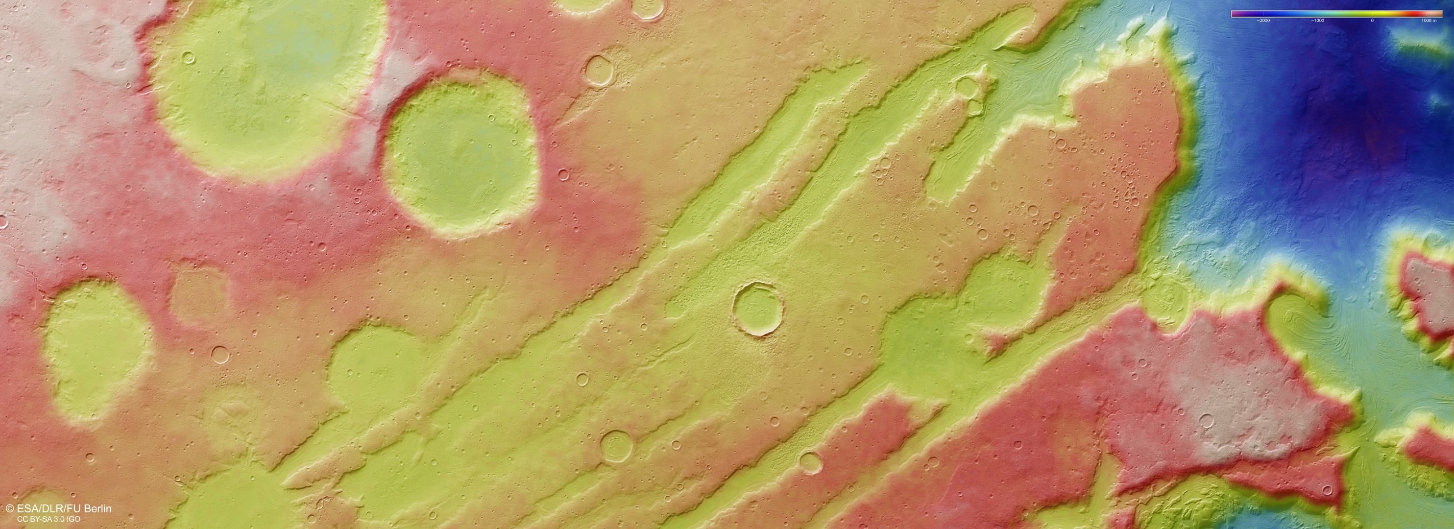 a colorful map of craters and valleys