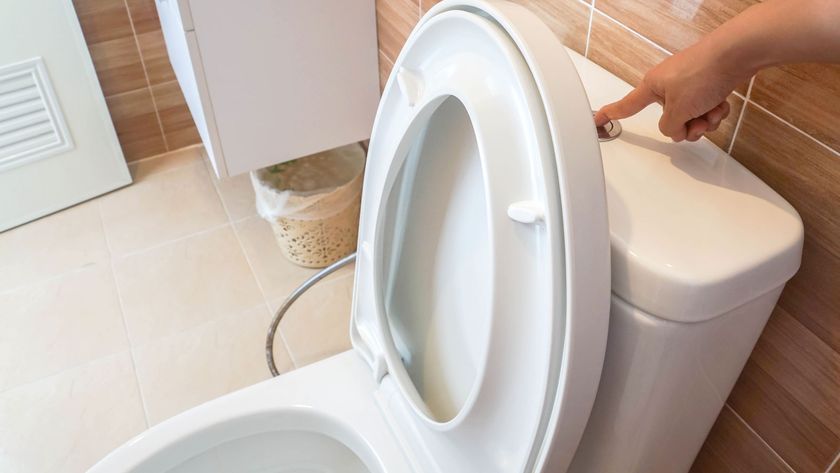 Finger pressing button flush on white toilet next to brown tiled wall and lighter tiled floor