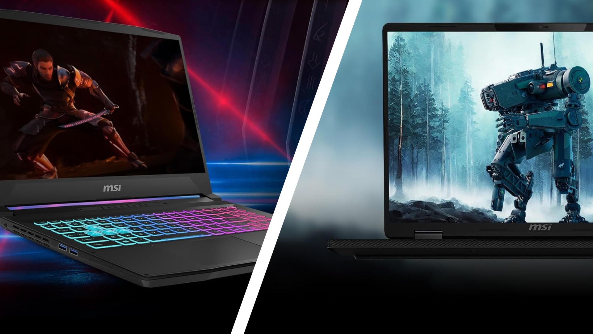 The MSI Crosshair and MSI Katana laptops on a splitscreen