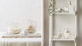 Bathroom products decanted into stylish glass jars to show how to make a bathroom look expensive on a budget