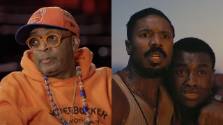 Spike Lee wearing orange glasses and Knicks merch during interview for TCM limited series Two for One/ Michael B. Jordan and Miles Caton hugging and looking stressed in Sinners (side by side image)