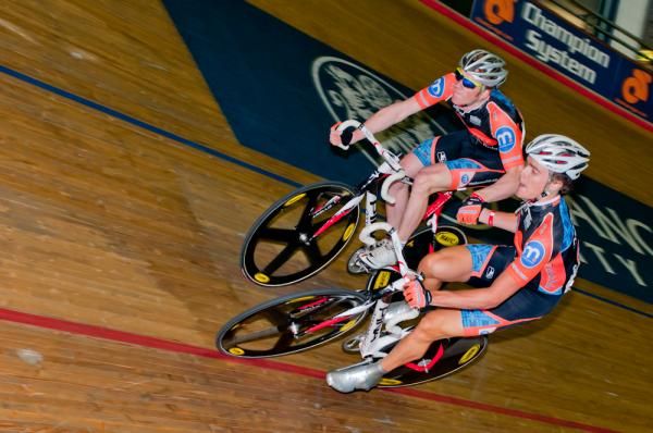 Ed Clancy and Steven Burke change whilst winning the 1k Madison TT.