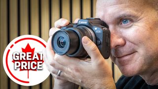 Photographer holding a Canon EOS R100 with the text "Great Price" in front of a Canadian maple leaf