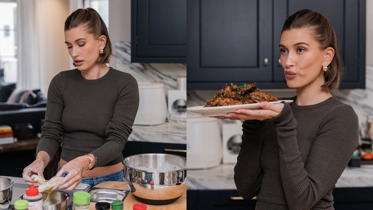 Hailey Bieber in kitchen preparing chicken wings 