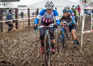 Katie Compton (Trek Collective) leads the field to the base of Mt. Krumpit during the opening lap of the race