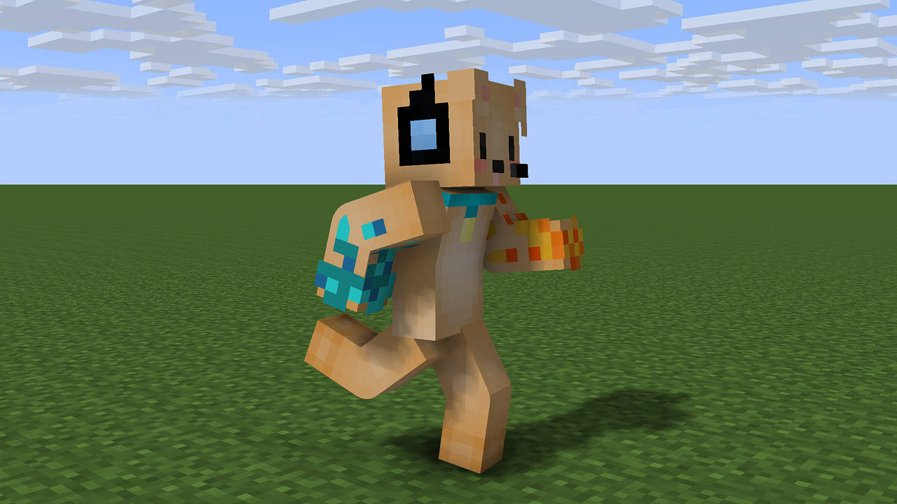Minecraft figure running on grassy plain