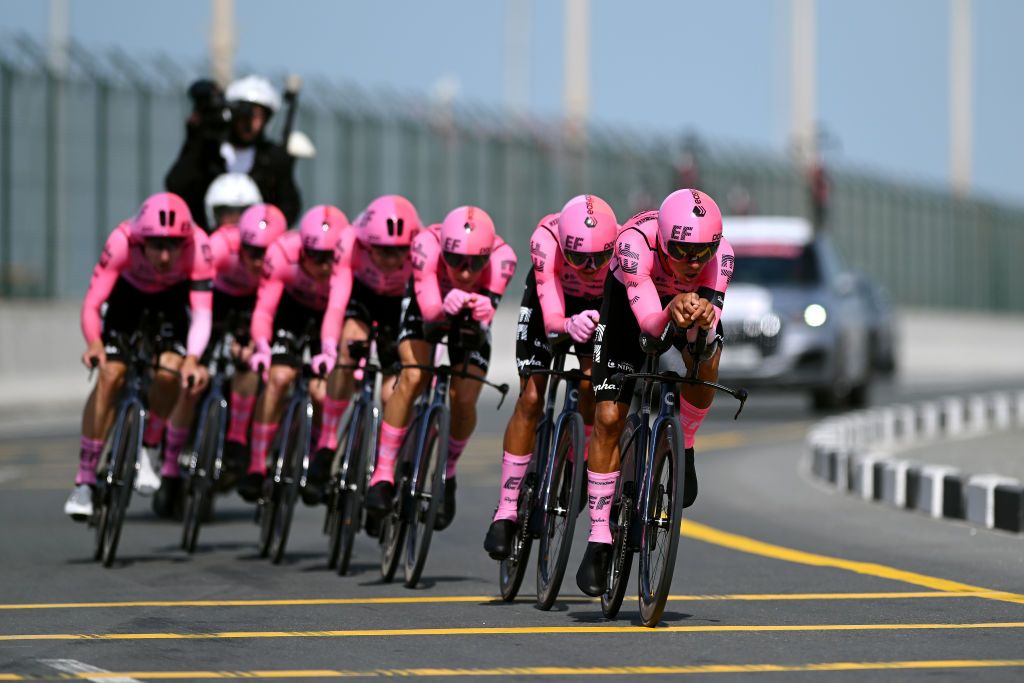 KHALIFA PORT UNITED ARAB EMIRATES FEBRUARY 21 Andrey Amador of Costa Rica and Team EF Education Easypost competing during the 5th UAE Tour 2023 Stage 2 a 173km team time trial in Khalifa Port UAETour on February 21 2023 in Khalifa Port United Arab Emirates Photo by Dario BelingheriGetty Images