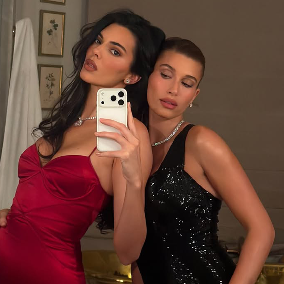 Kendall Jenner and Hailey Bieber wearing diamond stud earrings