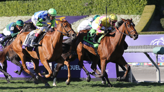 Hard To Justify with jockey Flavien Prat riding wins the Breeders&#039; Cup Juvenile Fillies Turf at Santa Anita Park on November 3, 2023 in Arcadia, California.