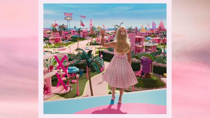 Margot Robbie as Barbie in Barbieland/ a film still from Barbie 2023 in a pink template