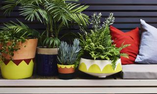 terracotta pots painted in colourful patterns in a modern garden