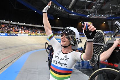 Lotte Kopecky in a rainbow jersey at the european track championships