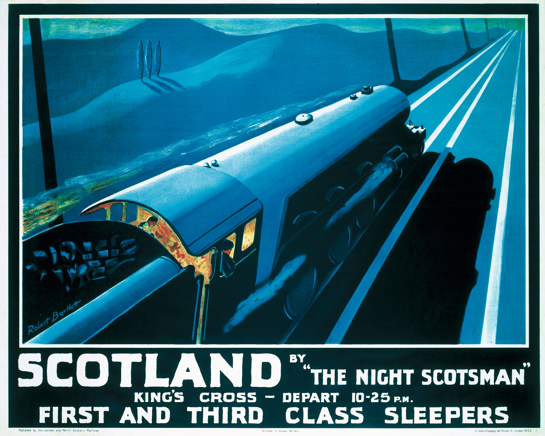 Vintage poster advertising the night scotsman sleeper service.