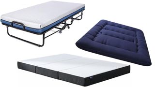 A rollaway bed vs foldable mattress vs Japanese floor mattress on a white background