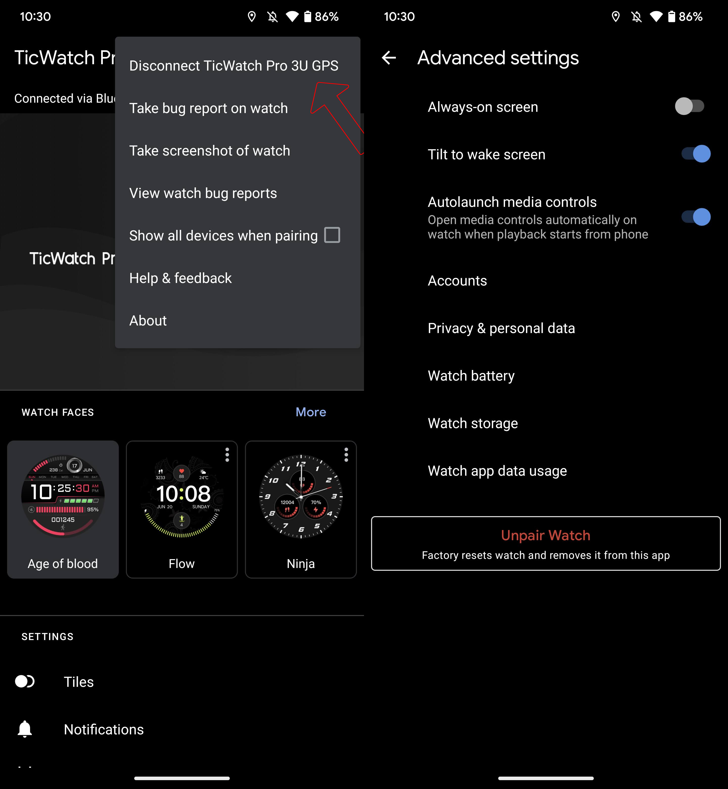 Reset Wear OS watch from the app