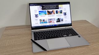 Samsung Galaxy Book2 Pro 360 review: laptop open on a wooden desk