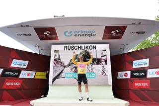 RUSCHLIKON, SWITZERLAND - JUNE 11: Alberto Bettiol of Italy and Team EF Education-EasyPost celebrates at podium as - Yellow Leader Jersey winner during the 87th Tour de Suisse 2024, Stage 3 a 161.7m stage from Steinmaur to Ruschlikon / #UCIWT / on June 11, 2024 in Ruschlikon, Switzerland. (Photo by Tim de Waele/Getty Images)