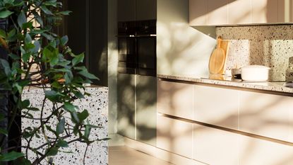 a kitchen with natural daylight casting shadows