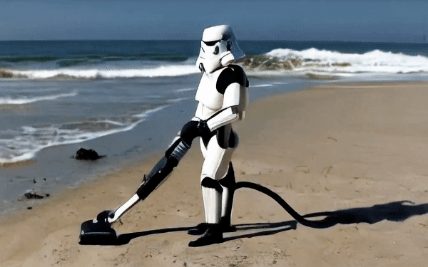 A gif of a stormtrooper vacuuming on a beach