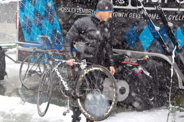 The morning of stage one, Garmin-Cervelo mechanics prep the team's bikes.