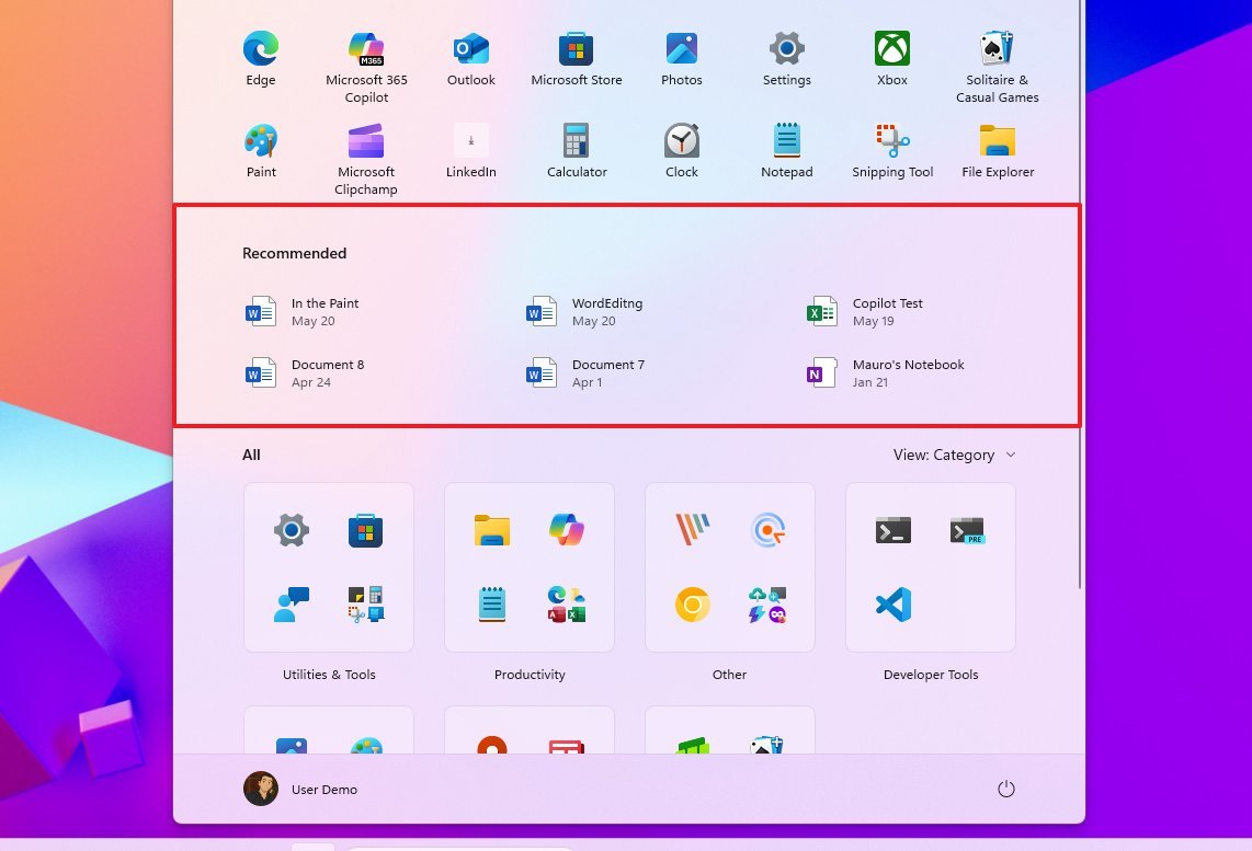 New Start menu recommended