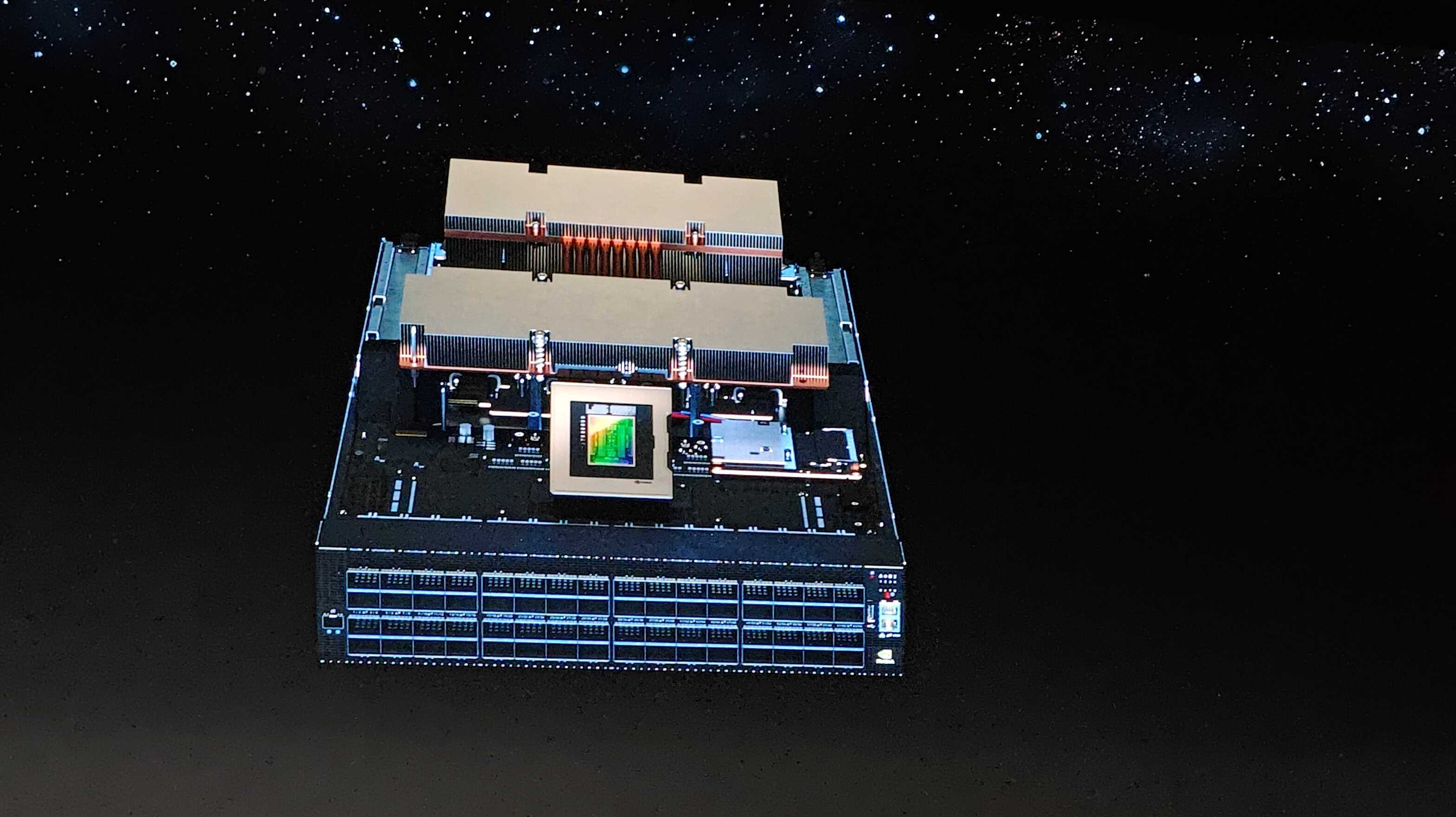 Jensen Huang showing off Nvidia's Spectrum-4 networking chips