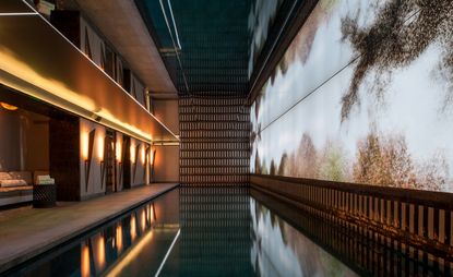 Hotel indoor pool area with moody lighting and a feature light wall