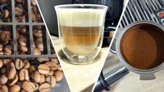 Coffee beans in an espresso machine, a latte macchiato, and ground coffee in a portafilter