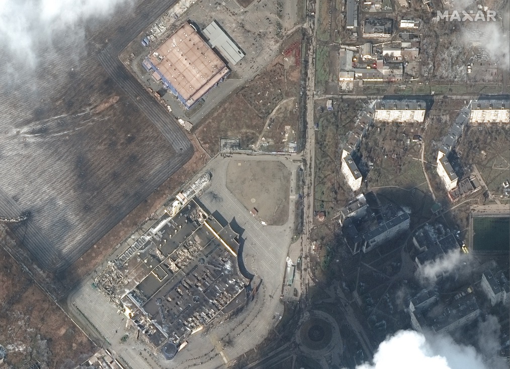 Maxar Technologies' WorldView-3 satellite took this photo of a heavily damaged shopping mall and other stores in Mariupol, Ukraine, on March 9, 2022.