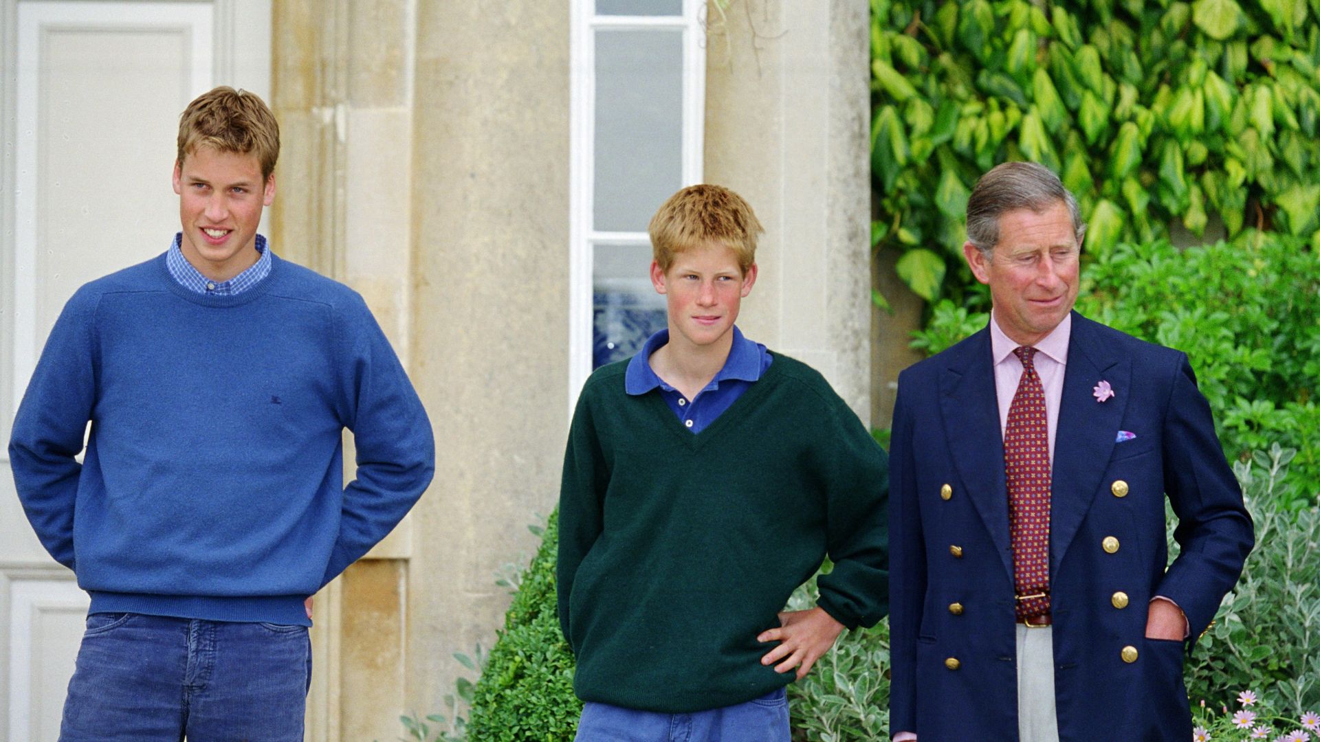 L-R: Prince William, Prince Harry and King Charles pictured outside Highgrove in 1999