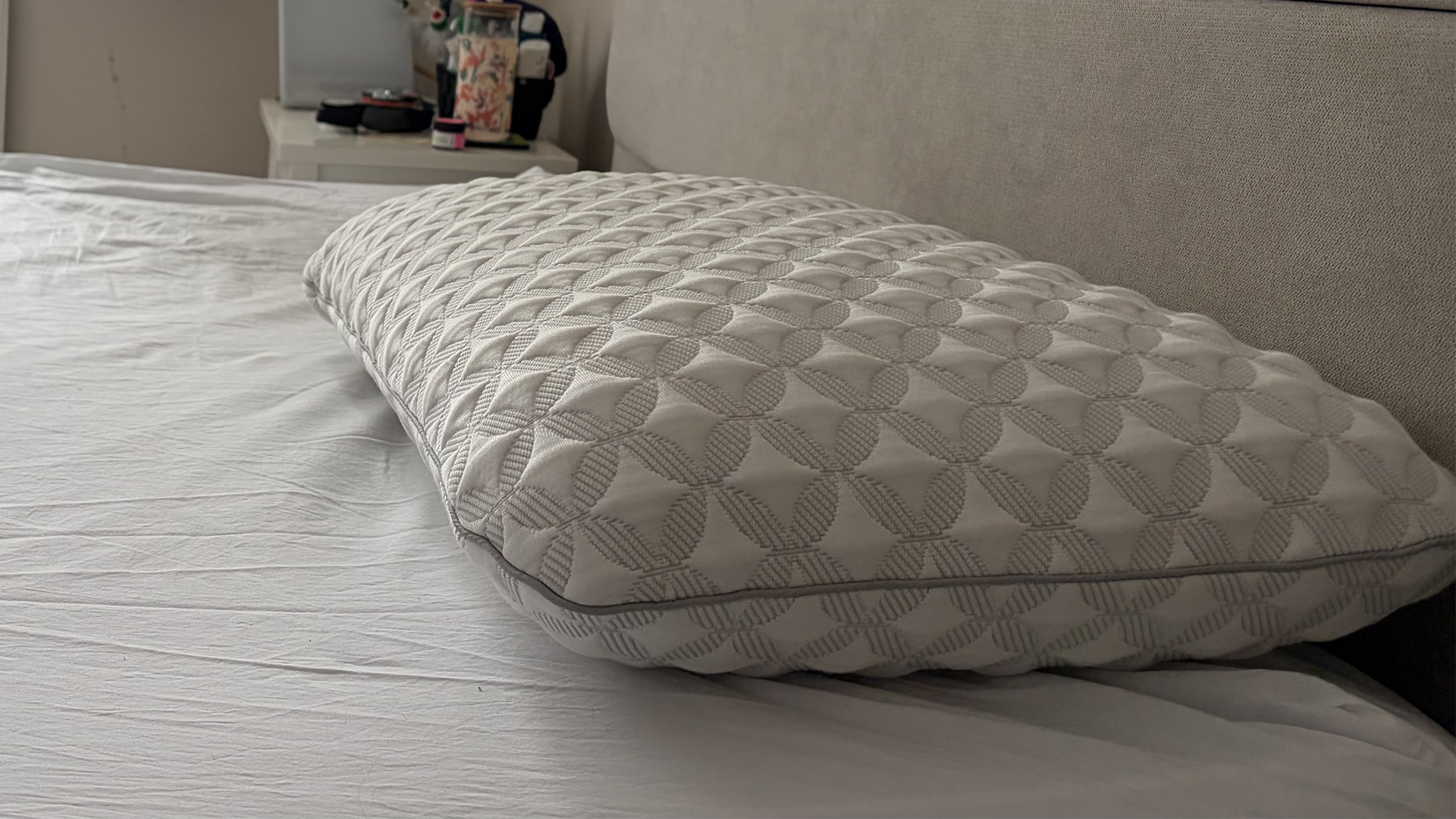 The Helix Talalay Latex pillow resting on our tester's bed