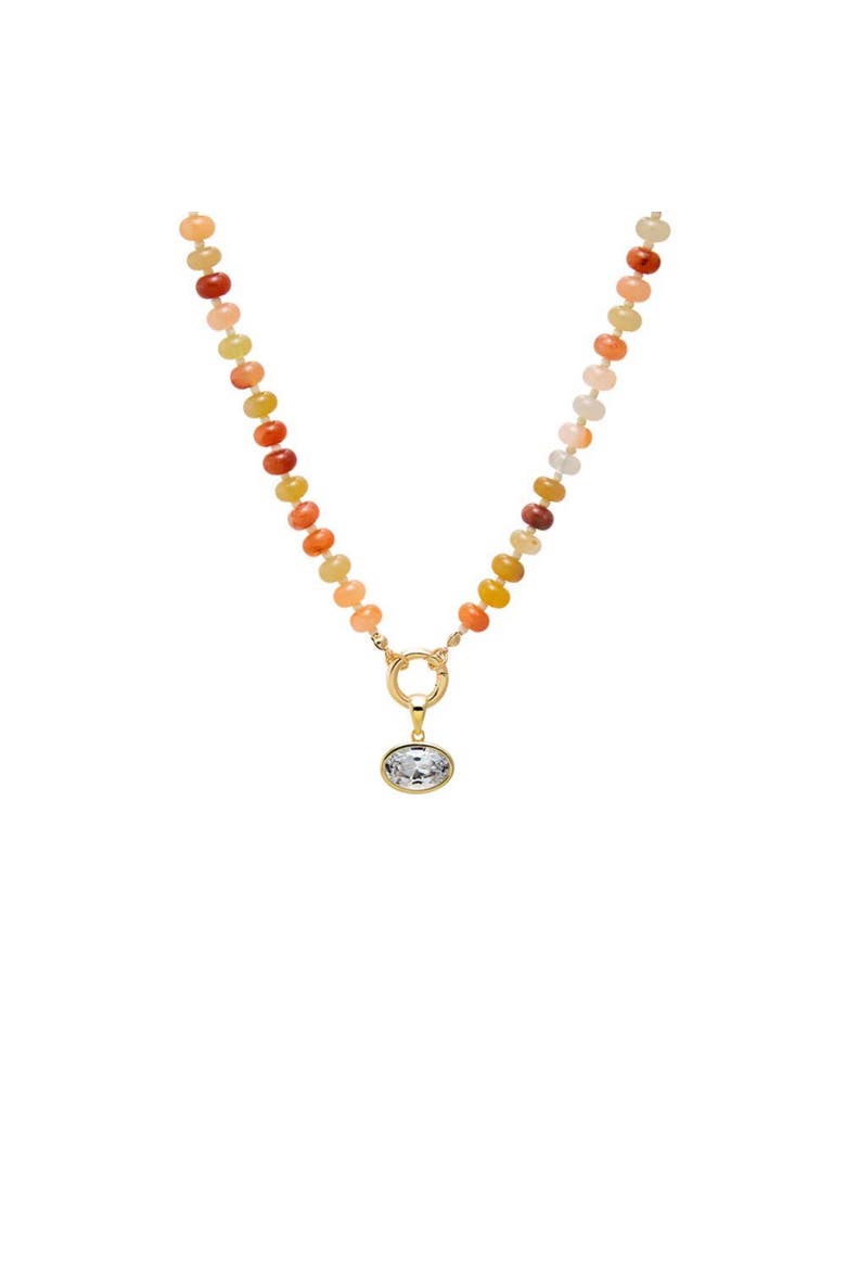 Colored Natural Stone Beaded /cz Oval Charm Necklace