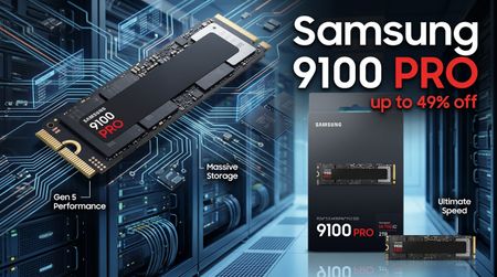A Samsung 9100 PRO SSD displayed against a backdrop of a data center full of server racks. Highlighted features include "Gen 5 Performance" and "Massive Storage."