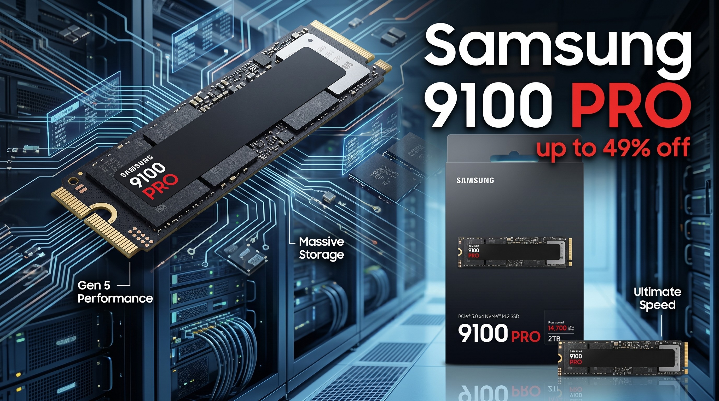 A Samsung 9100 PRO SSD displayed against a backdrop of a data center full of server racks. Highlighted features include "Gen 5 Performance" and "Massive Storage."