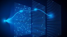 A visual representation of an AI agent moving through a task iteratively, shown as a glowing blue node sending a beam of energy through three floating planes formed from points of light. The background of the image is black.