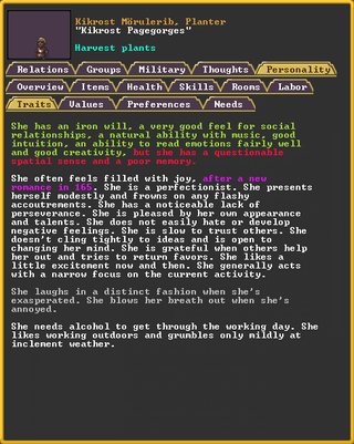 Dwarf Fortress graphical character sheet example. information is divided into tabs.