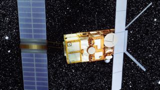 a gold-foiled satellite with wide stretch blue solar panels is seen before the black star-filled backdrop of space.