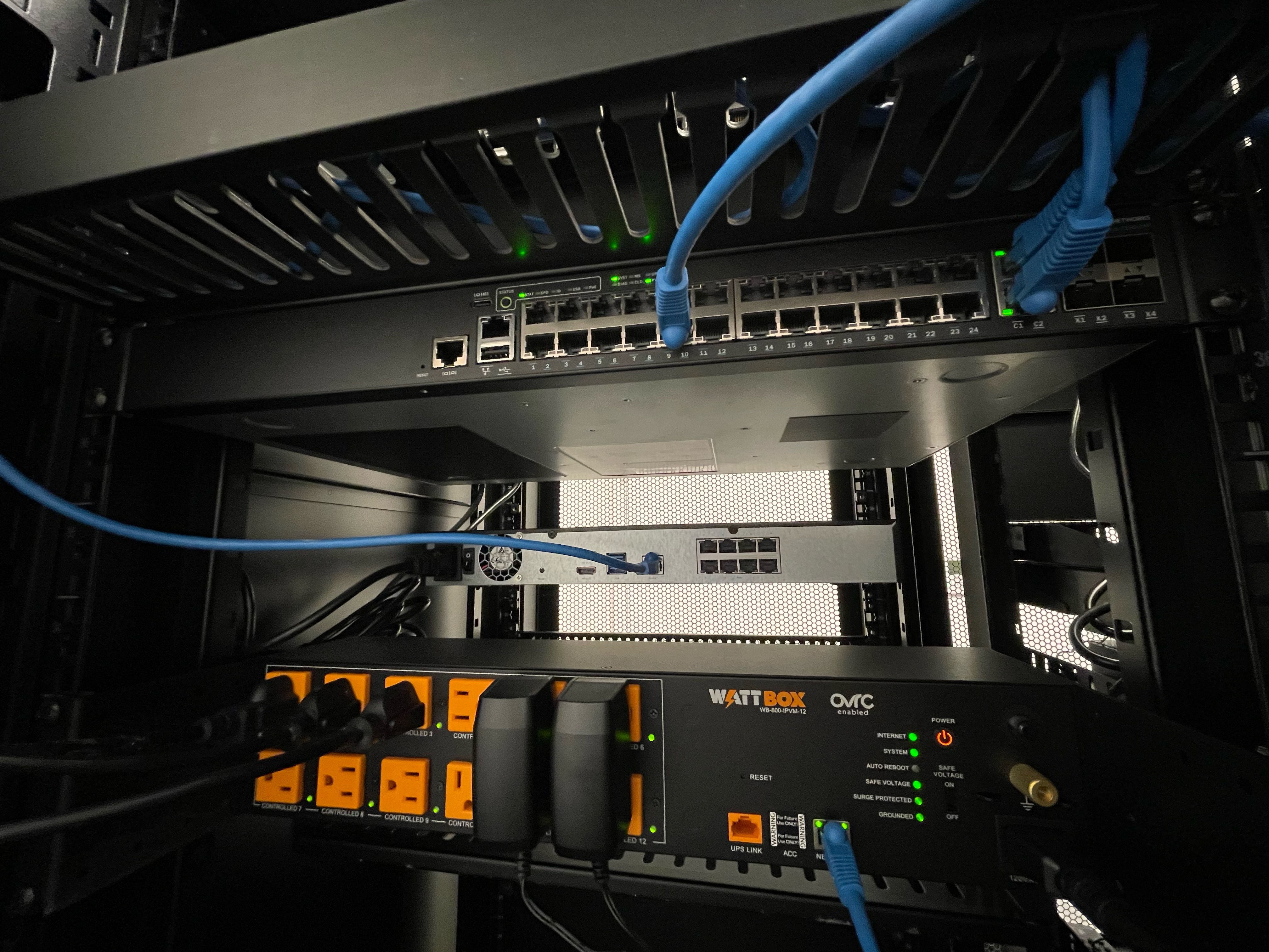A cabinet of Snap One technology.