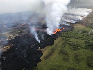 A bird's-eye view of lava erupting out of fissure 22 on May 21. Photo courtesy of Volcano Helicopters.