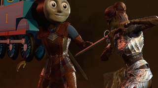 Thomas the Tank Engine faces off with Lae'zel, who rightfully calls him an abomination, in Baldur's Gate 3.