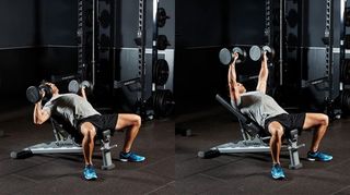 Man demonstrates two positions of the incline dumbbell bench press