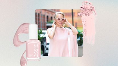 A pink and blue gradient template with a product shot of essie's Mademoiselle nail polish and matching pink makeup and nail polish swatches, alongside a photograph of Pamela Anderson, who is seen wearing a pink dress and white sunglasses, as well as having a baby-pink manicure on her nails, whilst in SoHo on July 29, 2025 in New York City.