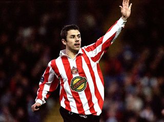 Kevin Phillips of Sunderland celebrates the first of his first goals in the Nationwide Division One match against Bury at Gigg Lane in Bury, England. Sunderland won 5-2 to secure promotion. \ Mandatory Credit: Ross Kinnaird /Allsport