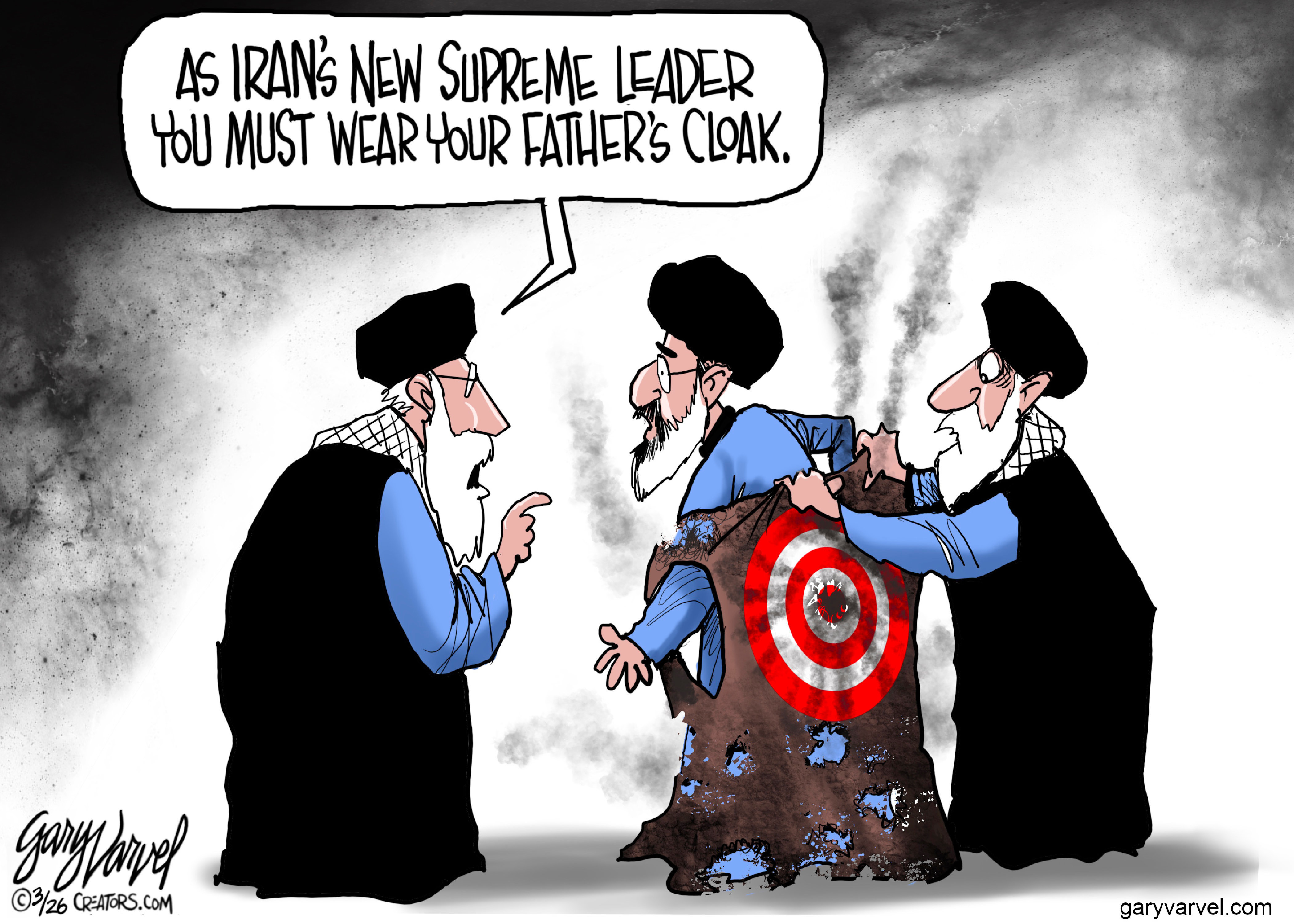 This cartoon depicts two Iranian leaders dressed in traditional clothing. They are putting a battered, smoking cloak with a target on it onto a third man. One of the men says to the third man, &amp;ldquo;As Iran&amp;rsquo;s new supreme leader you must wear your father&amp;rsquo;s cloak.&amp;rdquo;