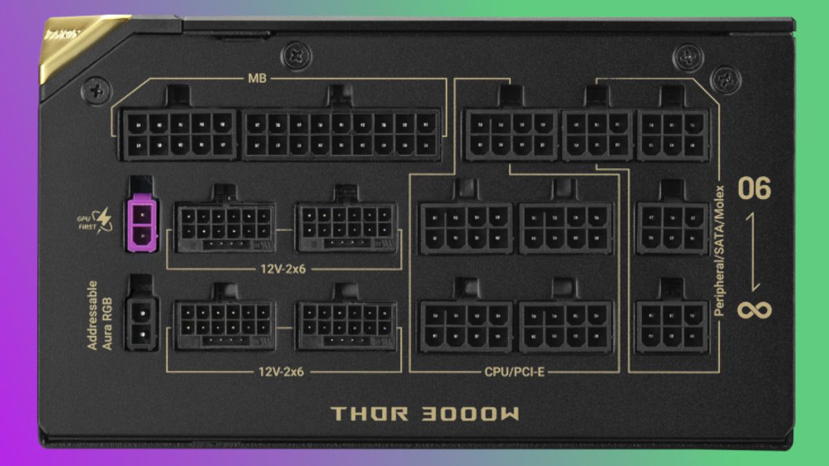 A promotional photo of an Asus ROG Thor 3000W Platinum III Edition 20 power supply unit against a colorful background