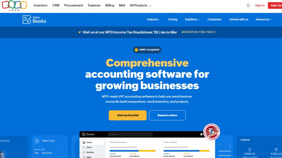 Website screenshot of Zoho Books (February, 2026)
