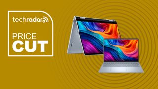 Two Dell laptops side by side on a yellow background